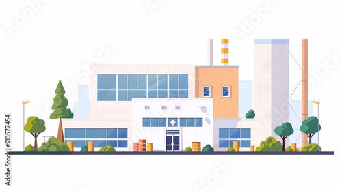 Industrial factory building on solid white background, single object