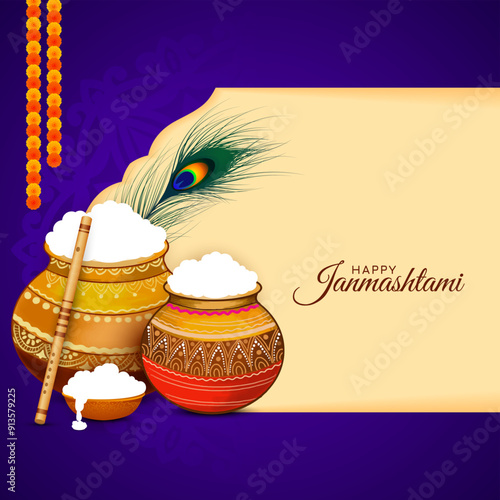 Happy Janmashtami Indian festival background decorative pots