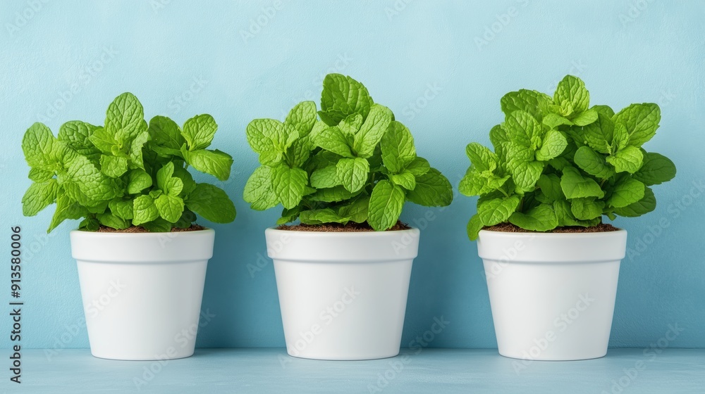 Three healthy mint plants in modern white pots. Perfect for natural and organic-themed projects. Three healthy mint plants in modern white pots. Perfect for natural and organic-themed projects.