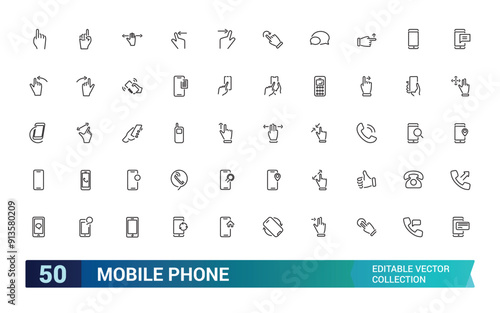 Mobile Phone and Smartphone icon set. Collection and pack of linear web and ui icons. Editable stroke. Vector illustration.