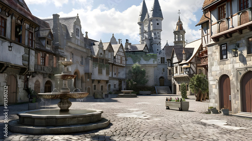 Cobblestone street in a medieval town with a fountain and a castle in the background.