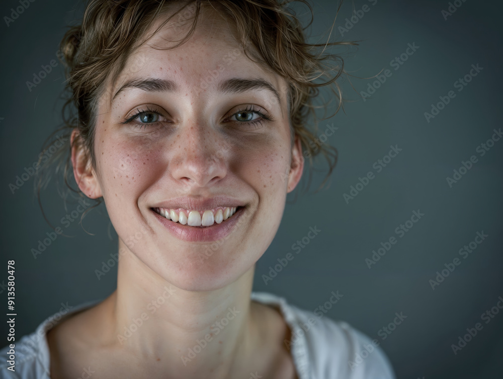 Close-Up Portrait of Smiling Woman with Light Freckled Skin Close-Up Portrait of Smiling Woman with Light Freckled Skin