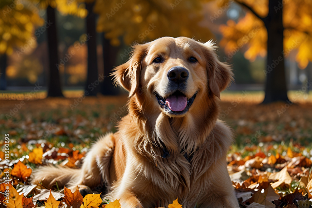 Golden retriever lying on autumn leaves in a park with a blurred background. Golden retriever lying on autumn leaves in a park with a blurred background.