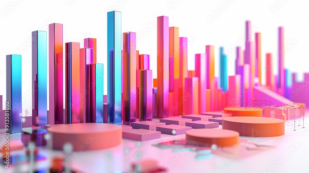 A 3D financial graph with bars, lines, and data points, isolated on a white background, showing comprehensive financial analysis.