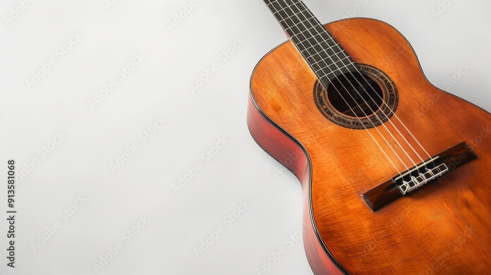 A beautifully crafted classical guitar with nylon strings and a rich wood grain, set against a pure white background to highlight its traditional design and artistry. A beautifully crafted classical guitar with nylon strings and a rich wood grain, set against a pure white background to highlight its traditional design and artistry.