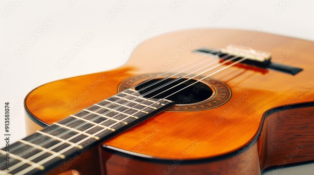 A beautifully crafted classical guitar with nylon strings and a rich wood grain, set against a pure white background to highlight its traditional design and artistry. A beautifully crafted classical guitar with nylon strings and a rich wood grain, set against a pure white background to highlight its traditional design and artistry.