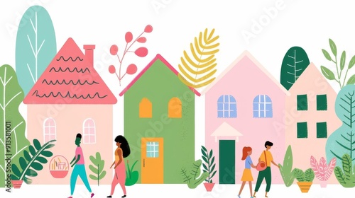 Green community, neighbors sharing resources, flat design illustration