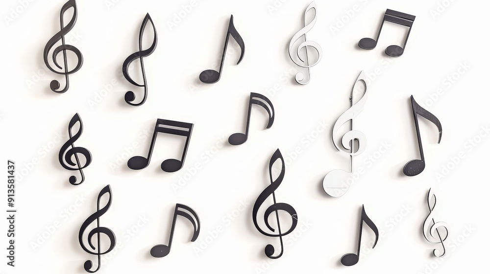 A collection of musical notes, including quarter notes, eighth notes, and rests, isolated against a pure white background, showcasing their classic design and elegant curves. A collection of musical notes, including quarter notes, eighth notes, and rests, isolated against a pure white background, showcasing their classic design and elegant curves.