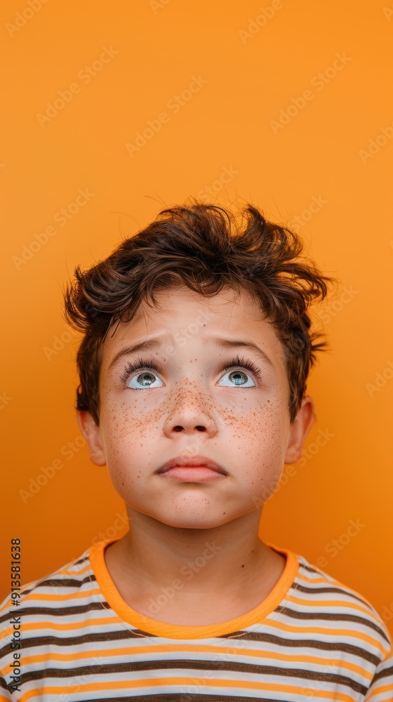 Intrigued boy, his eyebrows raised and lips parted slightly, set against an orange background that enhances the curiosity and interest displayed in his expression. Intrigued boy, his eyebrows raised and lips parted slightly, set against an orange background that enhances the curiosity and interest displayed in his expression.