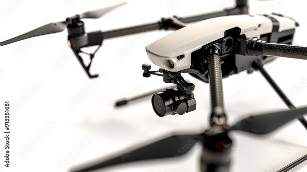 A detailed shot of a drone's landing gear and propellers, isolated on a white background to emphasize its stability and flight capabilities. A detailed shot of a drone's landing gear and propellers, isolated on a white background to emphasize its stability and flight capabilities.