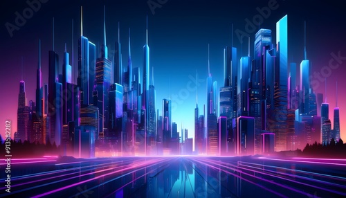 3D rendering of digital city concept with blue background.