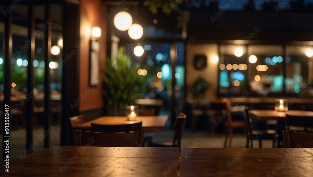 Featuring wooden table in foreground, with softly blurred background of chic restaurant during night scene. The table serves as perfect platform for food-related presentations or advertising Featuring wooden table in foreground, with softly blurred background of chic restaurant during night scene. The table serves as perfect platform for food-related presentations or advertising