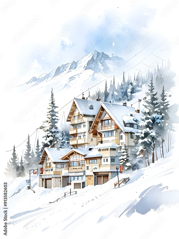 Fototapeta premium Watercolor Ski Resort Landscape Art