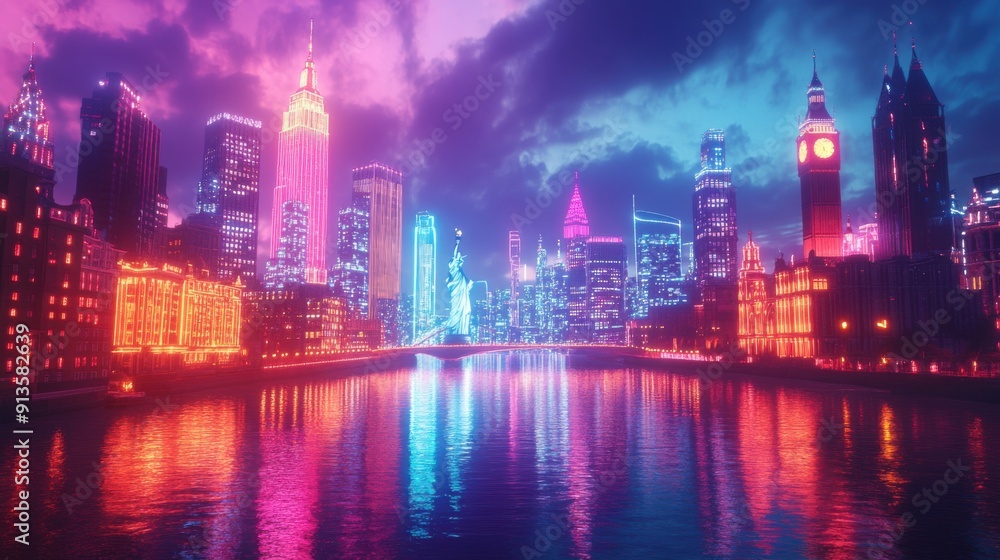 Fototapeta premium A 3D blender neon render of a futuristic cityscape featuring glo