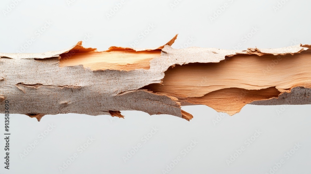 A weathered branch with layers of peeling bark, showcasing a natural gradient of textures from rough exterior to smooth inner wood A weathered branch with layers of peeling bark, showcasing a natural gradient of textures from rough exterior to smooth inner wood