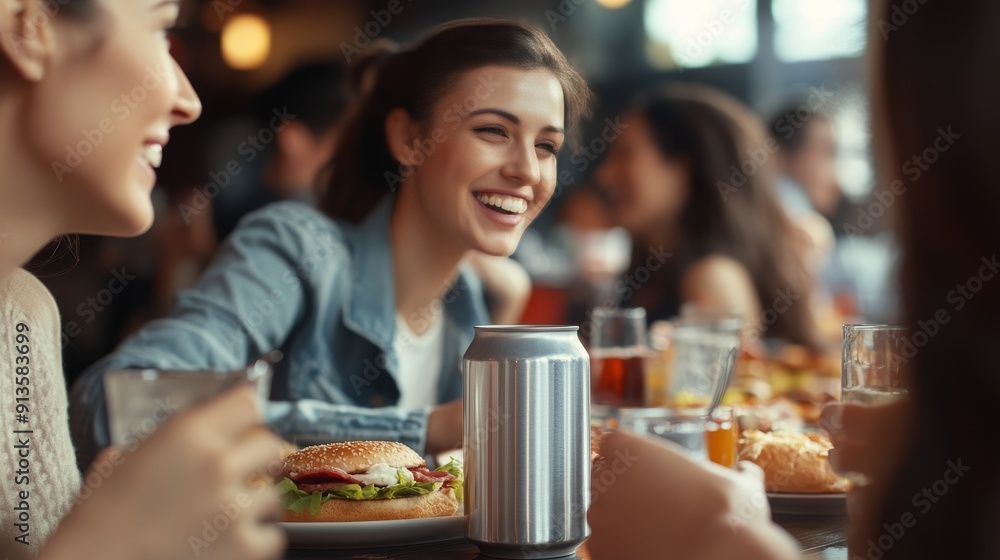 A lively restaurant scene with people enjoying delicious food, smiling and having fun during lunch. A model of an empty white aluminum soda can of 330 ml is seen on the table. A lively restaurant scene with people enjoying delicious food, smiling and having fun during lunch. A model of an empty white aluminum soda can of 330 ml is seen on the table.