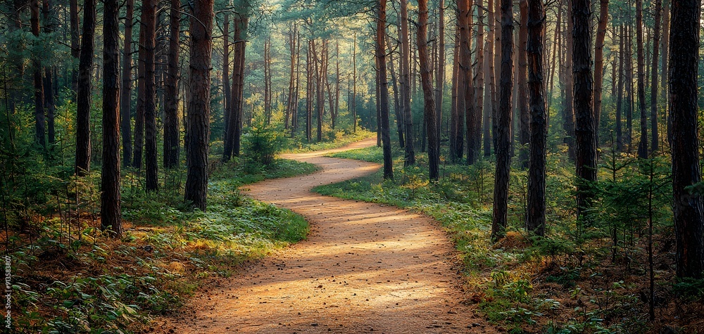 Fototapeta premium Serene Pathway Meandering Through a Tranquil Pine Forest, Capturing Nature's Peacefulness