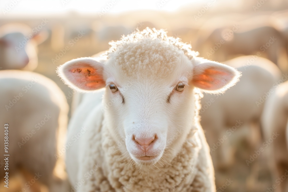 Close-up portrait of a fluffy white lamb looking directly at the camera. Close-up portrait of a fluffy white lamb looking directly at the camera.
