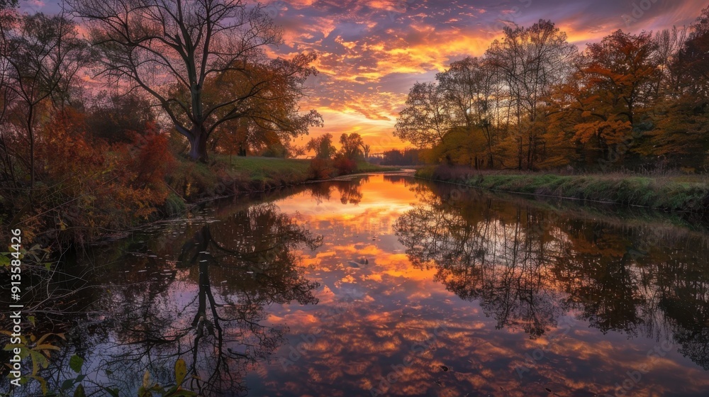 A river winds through a forest, reflecting the vibrant colors of a sunset sky. The trees are a mix of green and orange, and the water is still and calm. A river winds through a forest, reflecting the vibrant colors of a sunset sky. The trees are a mix of green and orange, and the water is still and calm.