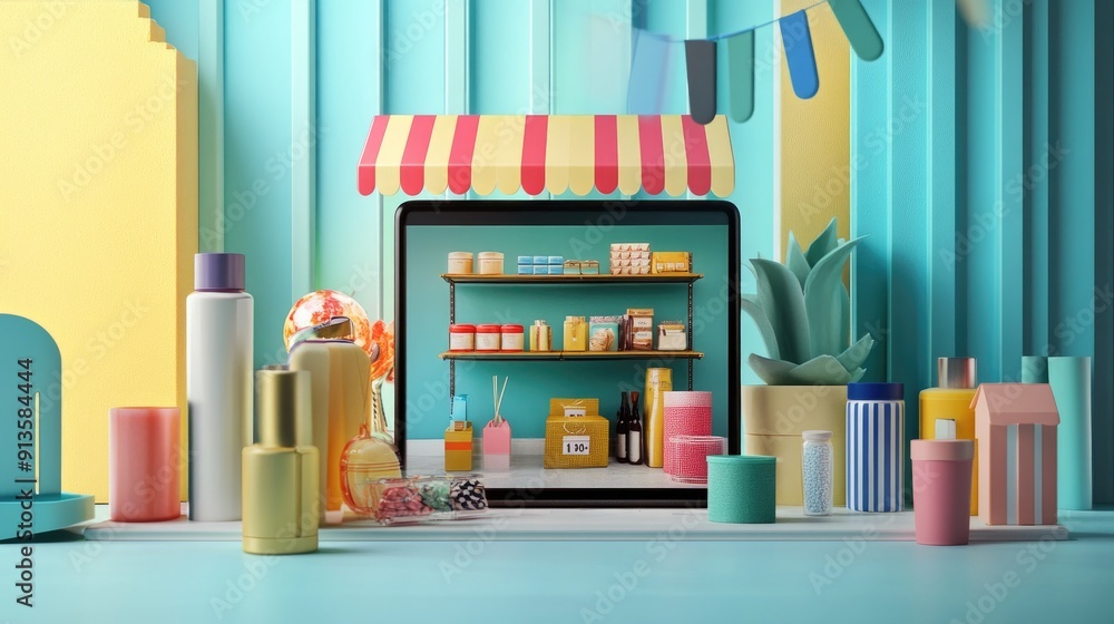 Digital device showing an online store, surrounded by products and packaging, without showing hands. Ideal for showcasing online selling. Digital device showing an online store, surrounded by products and packaging, without showing hands. Ideal for showcasing online selling.