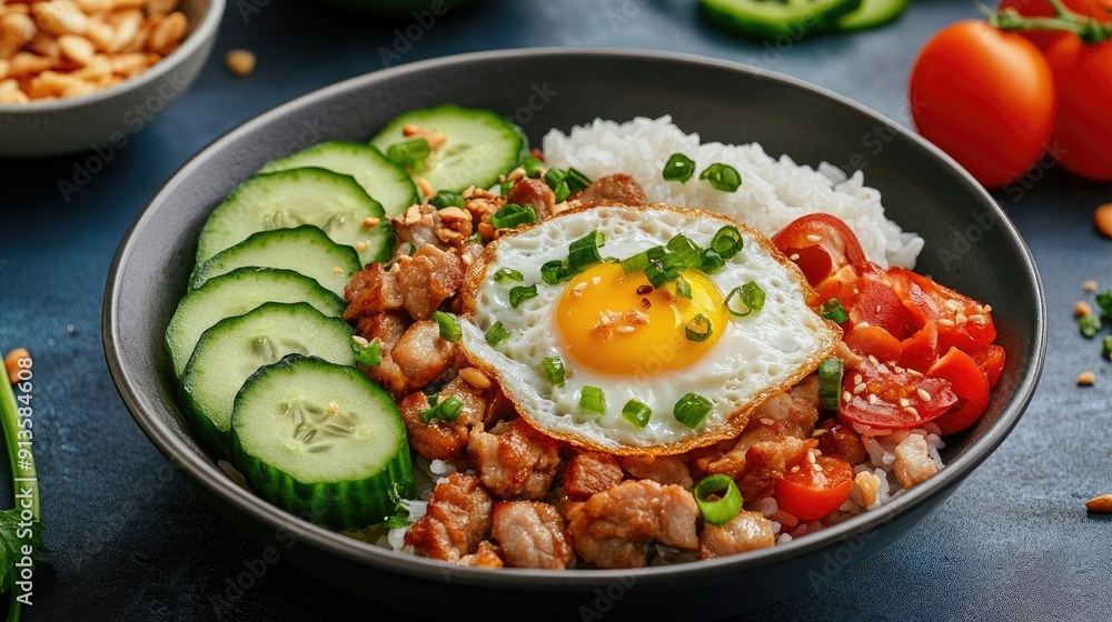 Flavorful Thai stir-fried pork basil, rice, and fried egg, beautifully arranged with carved cucumber and tomato. Flavorful Thai stir-fried pork basil, rice, and fried egg, beautifully arranged with carved cucumber and tomato.