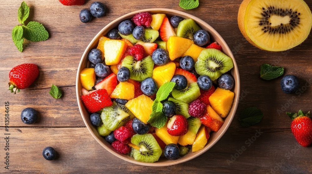 Fresh fruit salad in a bowl on a wooden background, top view. Colorful and nutritious, perfect for summer and healthy eating. Fresh fruit salad in a bowl on a wooden background, top view. Colorful and nutritious, perfect for summer and healthy eating.