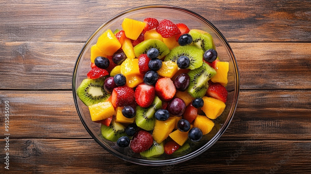 Healthy fresh fruit salad in a bowl on a rustic wooden background, top view. Ideal for showcasing colorful and nutritious meal opti Healthy fresh fruit salad in a bowl on a rustic wooden background, top view. Ideal for showcasing colorful and nutritious meal opti