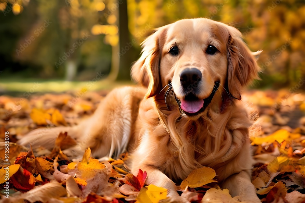 Golden retriever lying on autumn leaves in a park with a blurred background. Golden retriever lying on autumn leaves in a park with a blurred background.