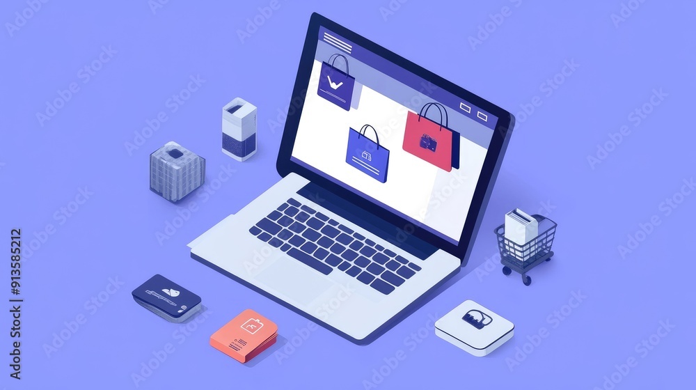 Laptop open on an online selling platform, with products arranged around, no hands shown. Great for illustrating online retail. Laptop open on an online selling platform, with products arranged around, no hands shown. Great for illustrating online retail.