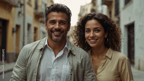 Diverse Couple Exploring Mediterranean City Streets on Romantic Vacation