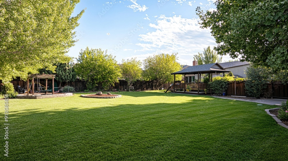 Spacious backyard with a large lawn, playset, and a cozy fire pit. Perfect for family gatherings and outdoor fun Spacious backyard with a large lawn, playset, and a cozy fire pit. Perfect for family gatherings and outdoor fun