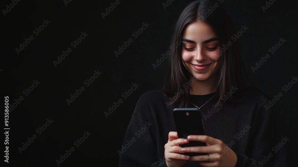 Young Woman Smiling While Using Smartphone in Dark Room Young Woman Smiling While Using Smartphone in Dark Room