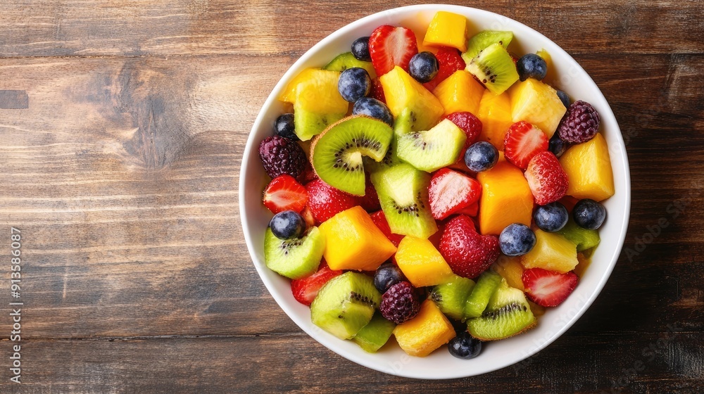 Top view of a bowl of fresh fruit salad on a wooden background. A vibrant mix of fruits, perfect for healthy eating and diet concepts. Top view of a bowl of fresh fruit salad on a wooden background. A vibrant mix of fruits, perfect for healthy eating and diet concepts.