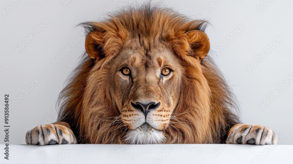 A regal lion gazes forward with intense eyes, framed by a luxurious mane. A regal lion gazes forward with intense eyes, framed by a luxurious mane.