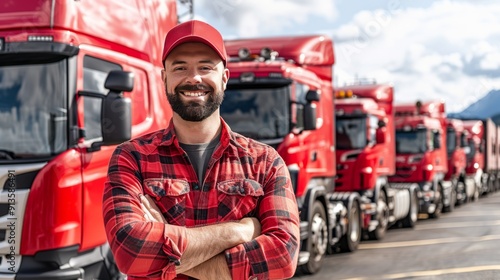 A cheerful truck driver stands confidently in front of a lineup of red trucks.