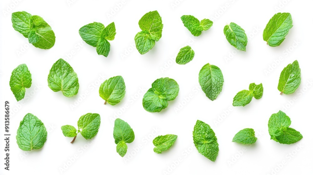 Top view of fresh green mint leaves isolated on a white background. Perfect for herbal, natural, and refreshing concepts. Top view of fresh green mint leaves isolated on a white background. Perfect for herbal, natural, and refreshing concepts.