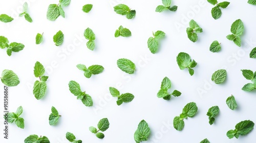 Top view of scattered green mint leaves on a white background. Fresh, vibrant, and perfect for natural, herbal, and culinary themes.