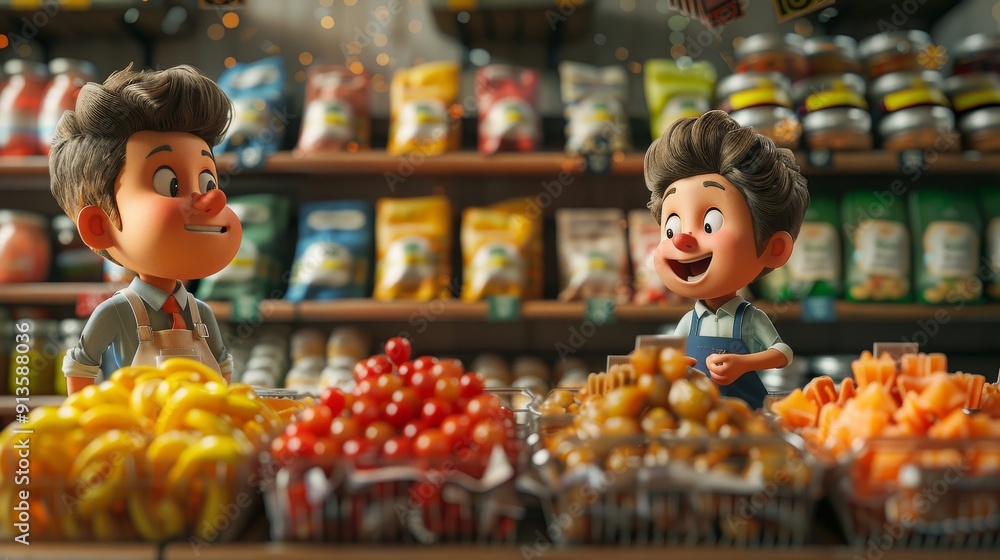 Cartoon 3D customers examining labels on food packages Cartoon 3D customers examining labels on food packages