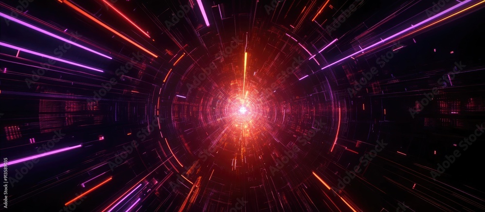 Futuristic cyberpunk background featuring a 3D rendered illustration with dark tones abstract red and orange neon lights glowing lines and violet laser lights creating a tunnel like virtual realit Futuristic cyberpunk background featuring a 3D rendered illustration with dark tones abstract red and orange neon lights glowing lines and violet laser lights creating a tunnel like virtual realit