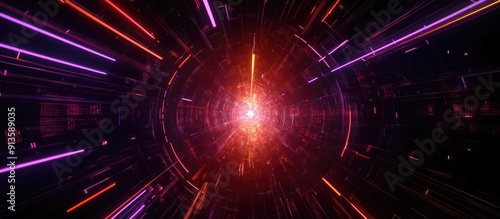 Futuristic cyberpunk background featuring a 3D rendered illustration with dark tones abstract red and orange neon lights glowing lines and violet laser lights creating a tunnel like virtual realit