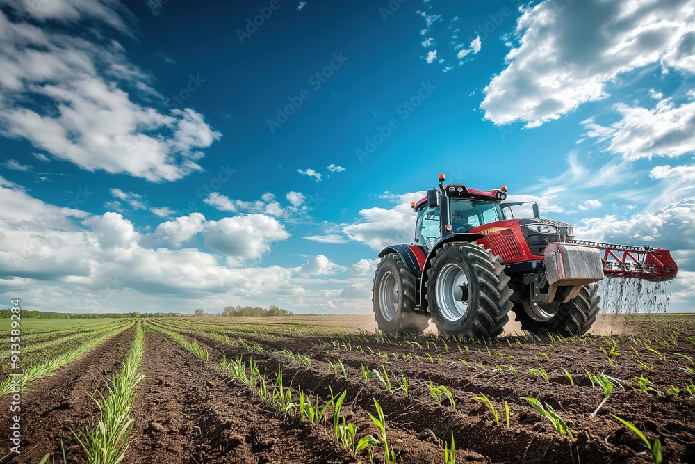 Fototapeta premium Red tractor driving through a field of crops, cultivating the soil.