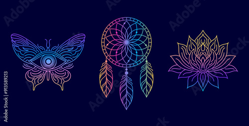 Lotus, dream catcher and all seeing eye with gradient colors on dark background.