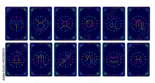Collection of tarot cards with  zodiac signs.