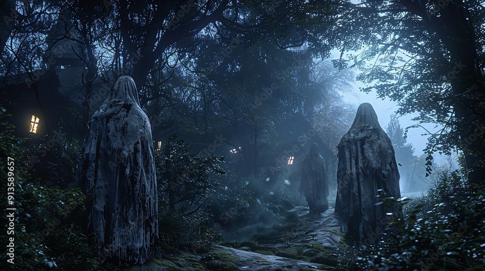 Creepy Halloween Background Ghosts and Witches in Spooky Creepy Halloween Background Ghosts and Witches in Spooky