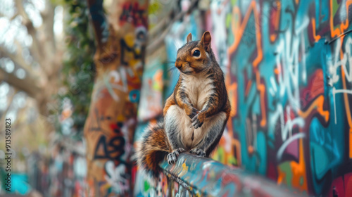A curious squirrel perched on a colorful graffiti-covered fence, blending nature with urban art for a vibrant visual contrast.