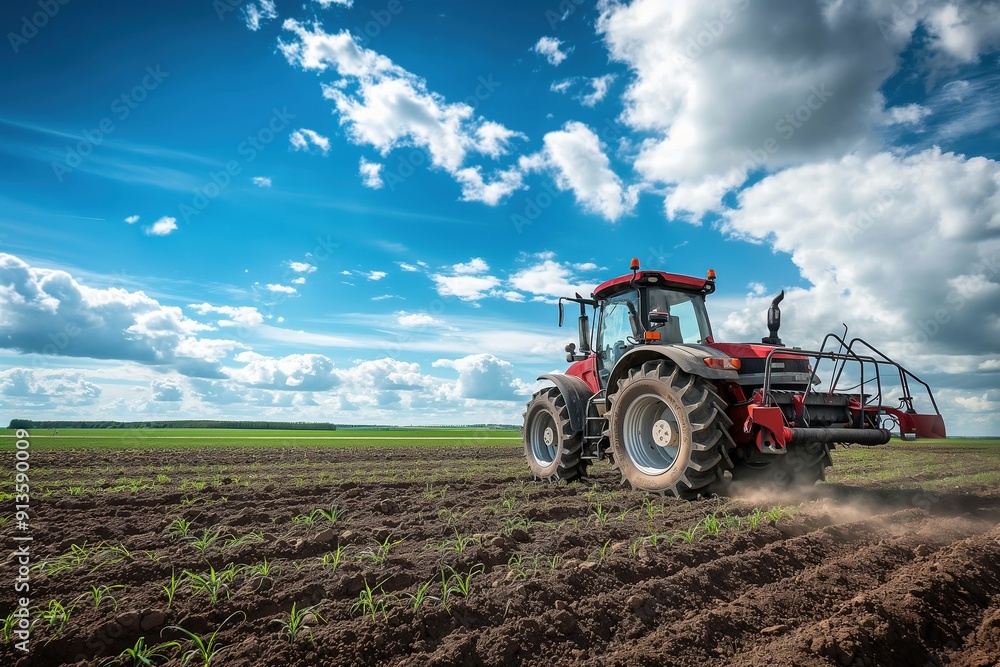 Red tractor working a field of green crops on a sunny day. Red tractor working a field of green crops on a sunny day.