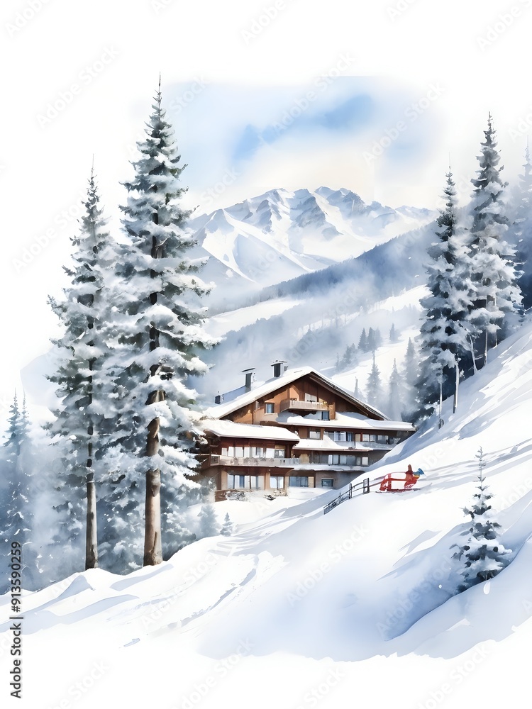 Fototapeta premium Watercolor Ski Resort Landscape Art
