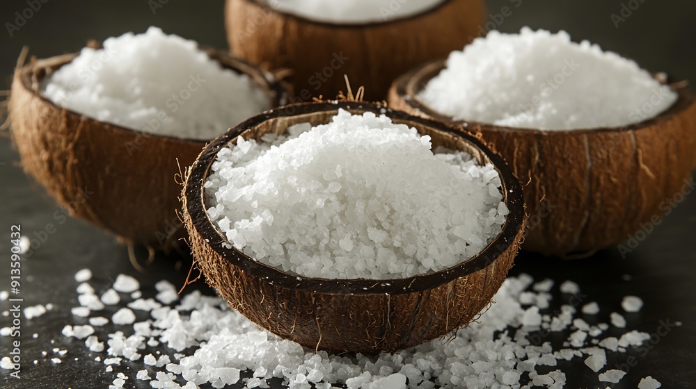 Grated coconut powder falling out of a coconut shell with copy space
Grated coconut powder falling out of a coconut shell with copy space