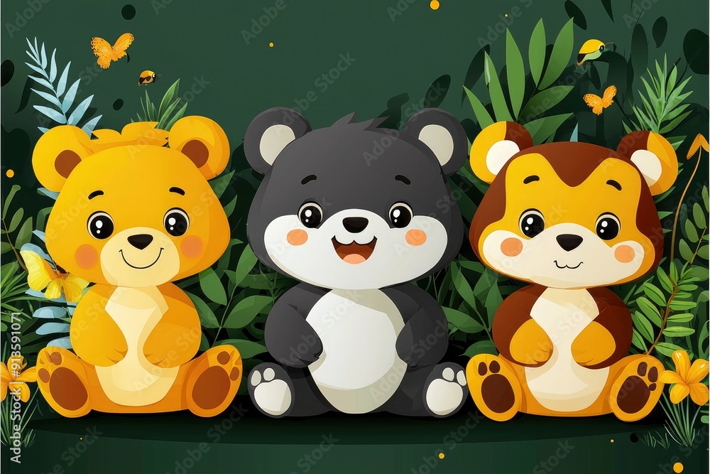 Naklejka premium Cute Cartoon Animals in a Forest Setting
