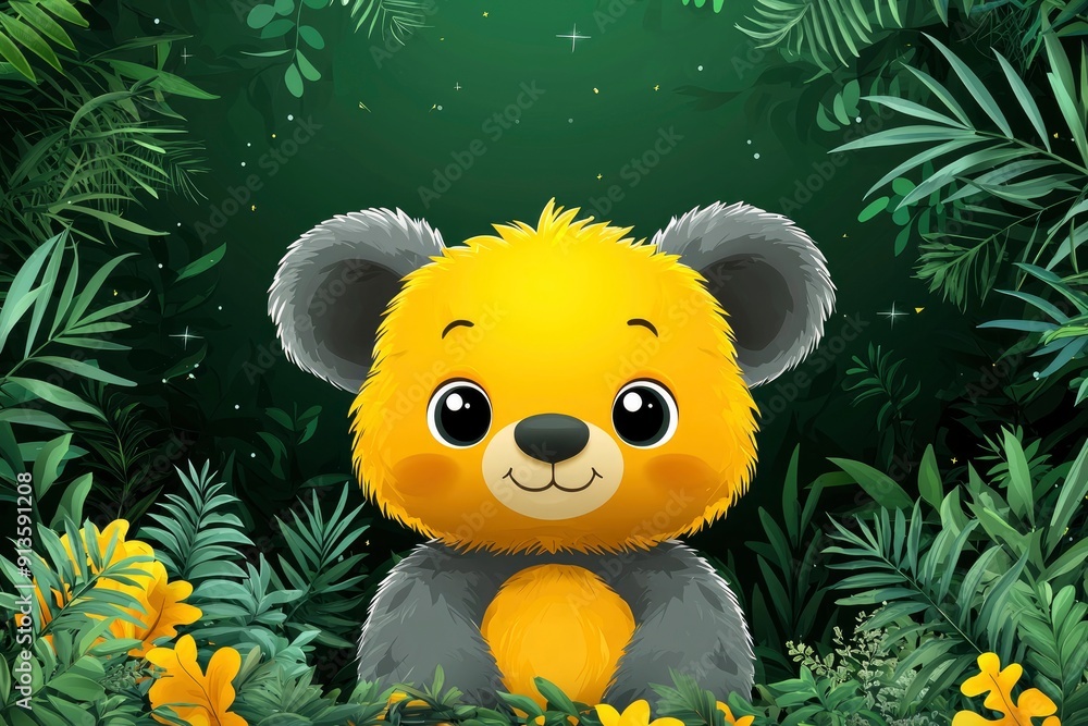 Cute Yellow Bear Cub in Lush Green Foliage Cute Yellow Bear Cub in Lush Green Foliage